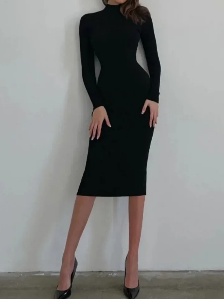 Zachtrok - Ribgebreide Bodycon Jurk met Hoge Hals, Lange Mouwen, Midi Lengte, Gebreide Dames Jurks