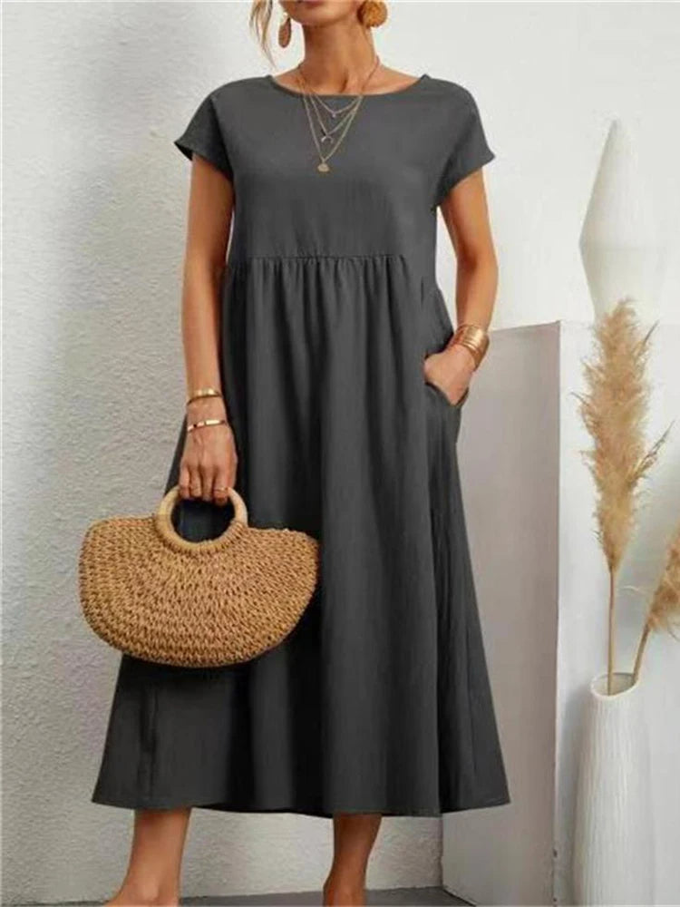 MonAmi® elegante zwarte linnen jurk met o-hals