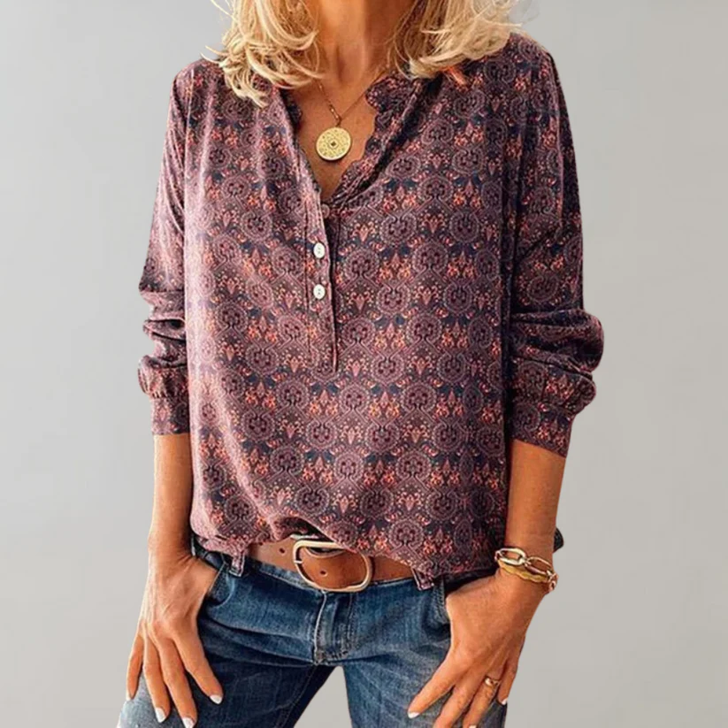 Solvane - Dames Henley Top met Print, Knopen Voor, Lange Mouwen, Comfortabele Stijl