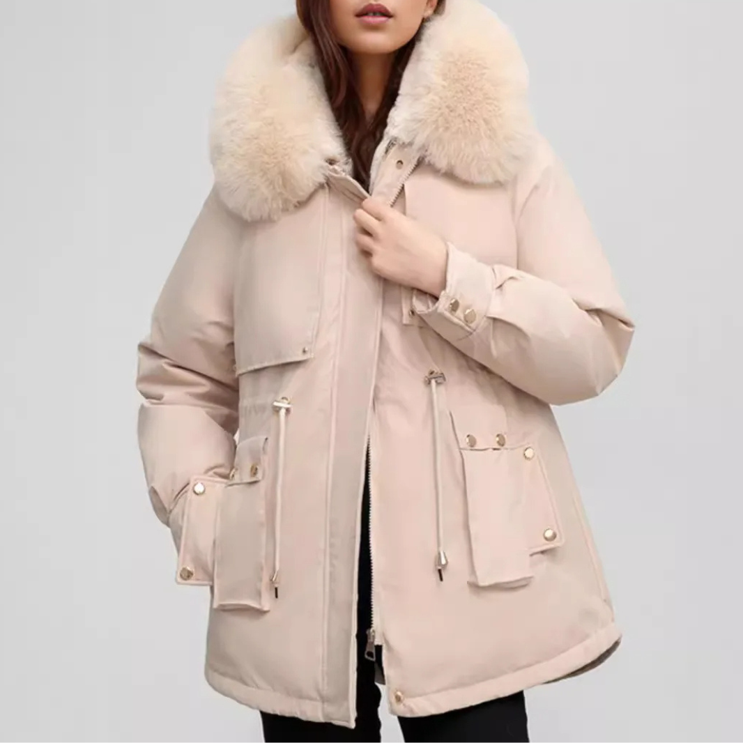 MonAmi effen kleur bontkraag parka winterjas dames