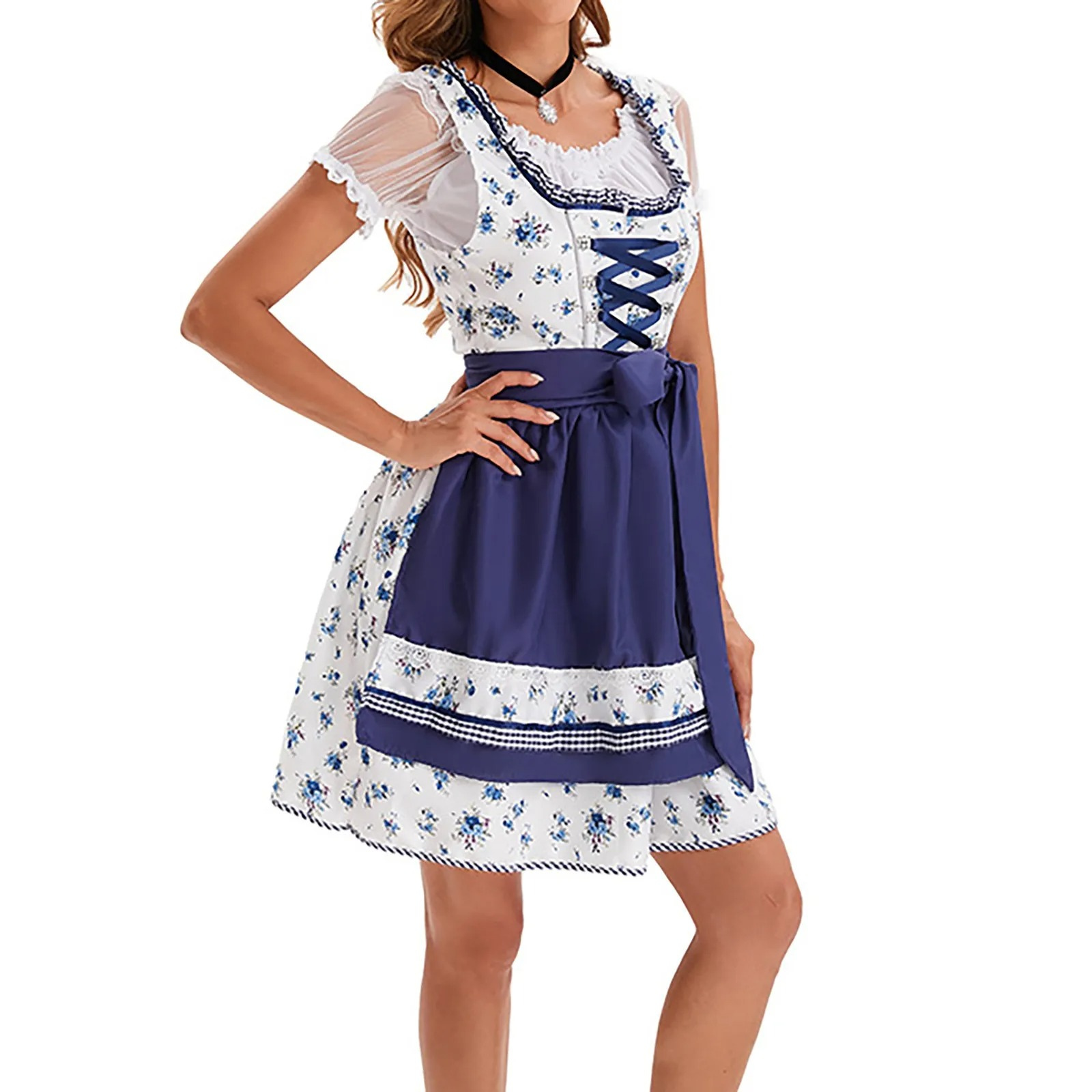 Lindria - Dirndl Dames Jurk met Bloemenprint, Kanten Mouwen en Strik