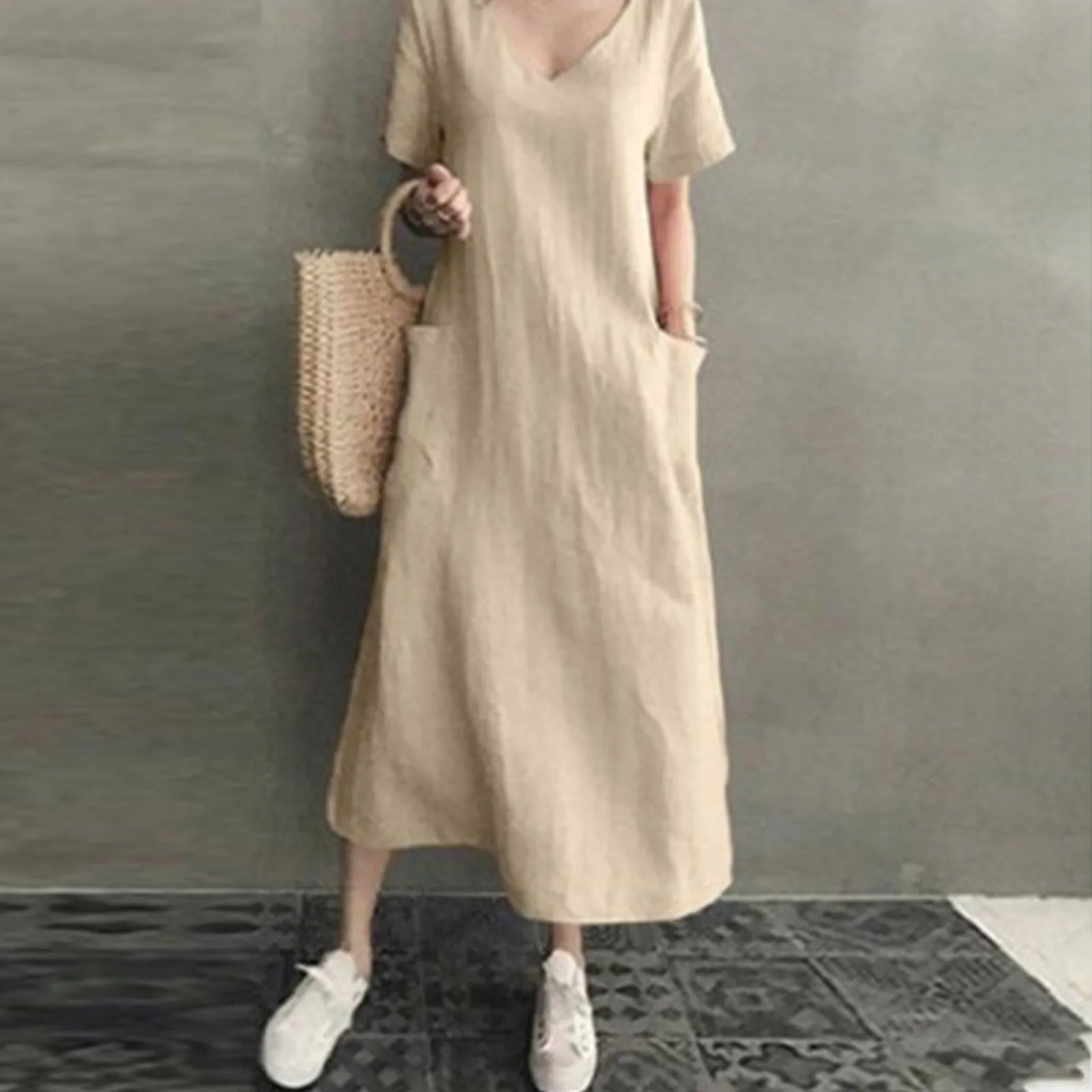 MonAmi® katoenen v-hals lichtgewicht comfortabele linnen jurk