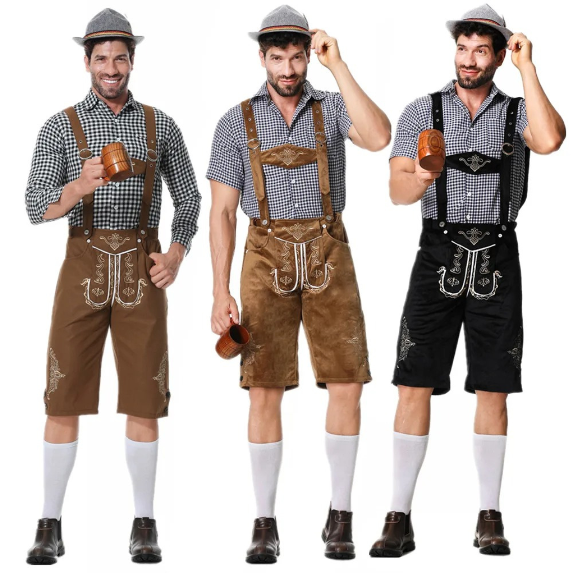 AlpenKr - Set van Heren Lederhosen met Borduursels en Bretels - Feestkleding