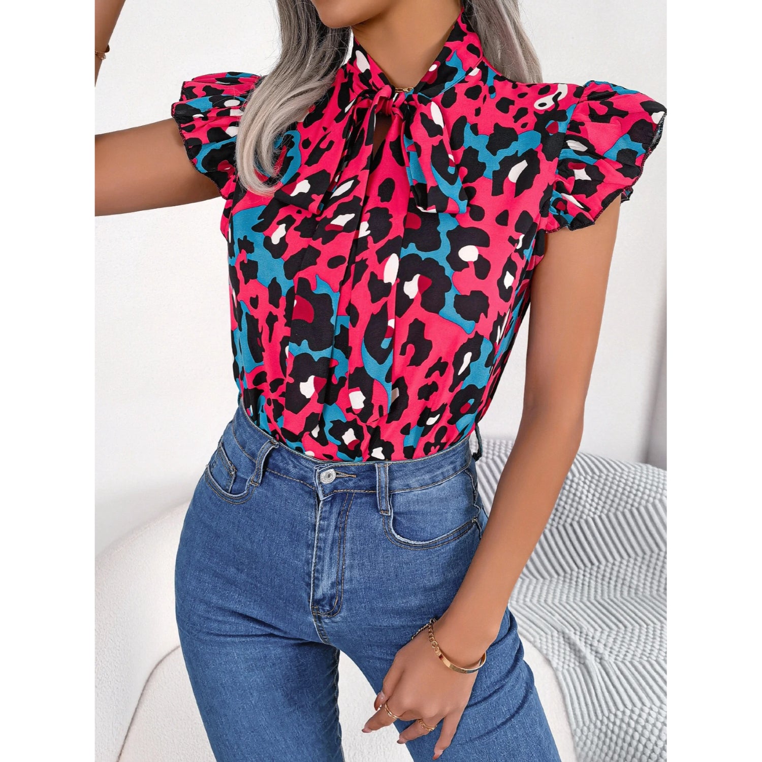 MonAmi® kleurrijke luipaardprint korte mouwen blouse