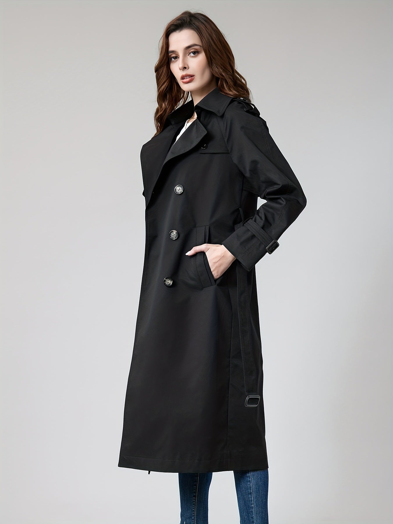 Coatela Dames Lange Dubbel Geknoopte Trenchcoat met Riem – Klassieke Getailleerde Pasvorm