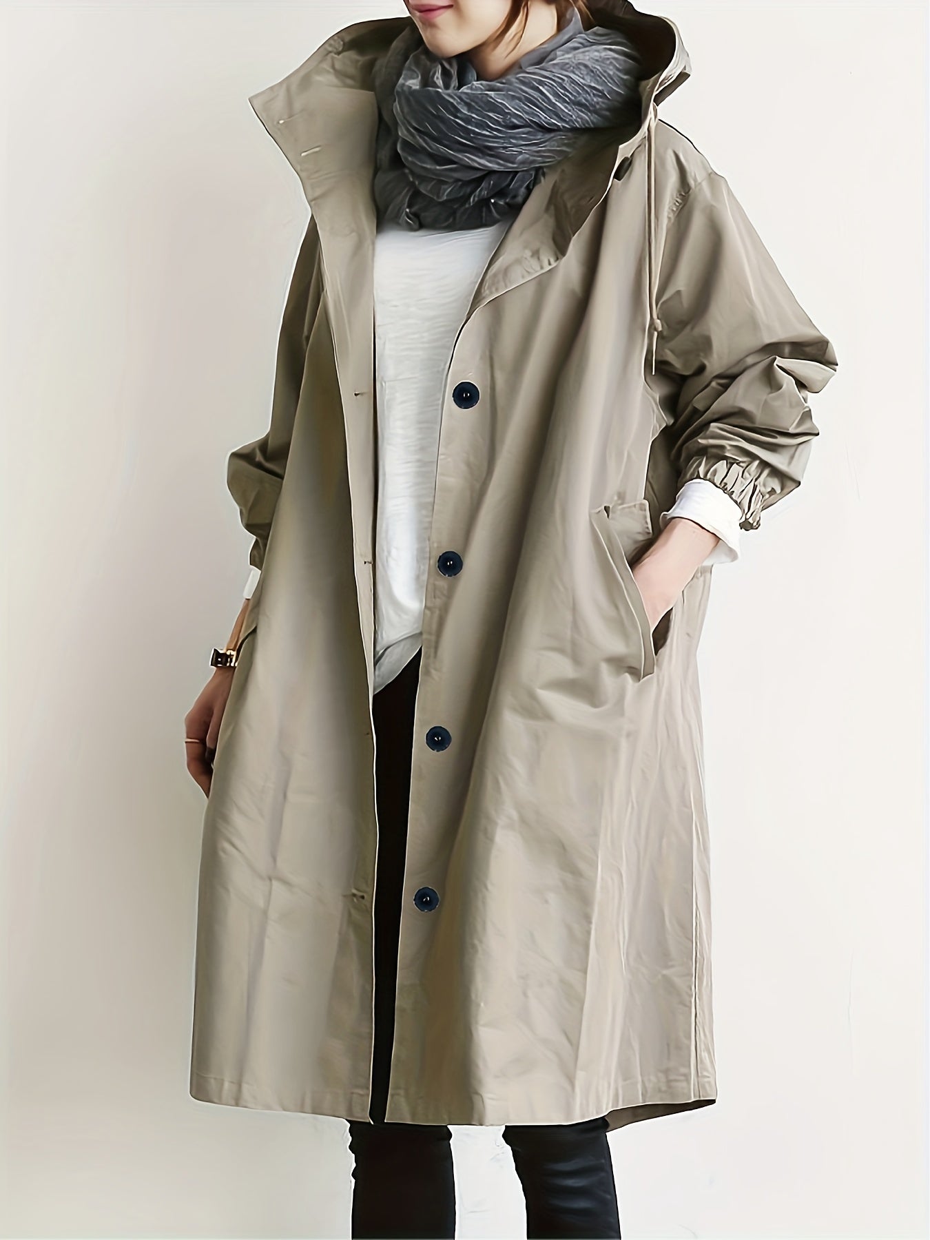 Coatela Dames Casual Lange Hooded Trenchcoat met Trekkoord en Zijzakken - Effen Kleur, Lange Mouwen