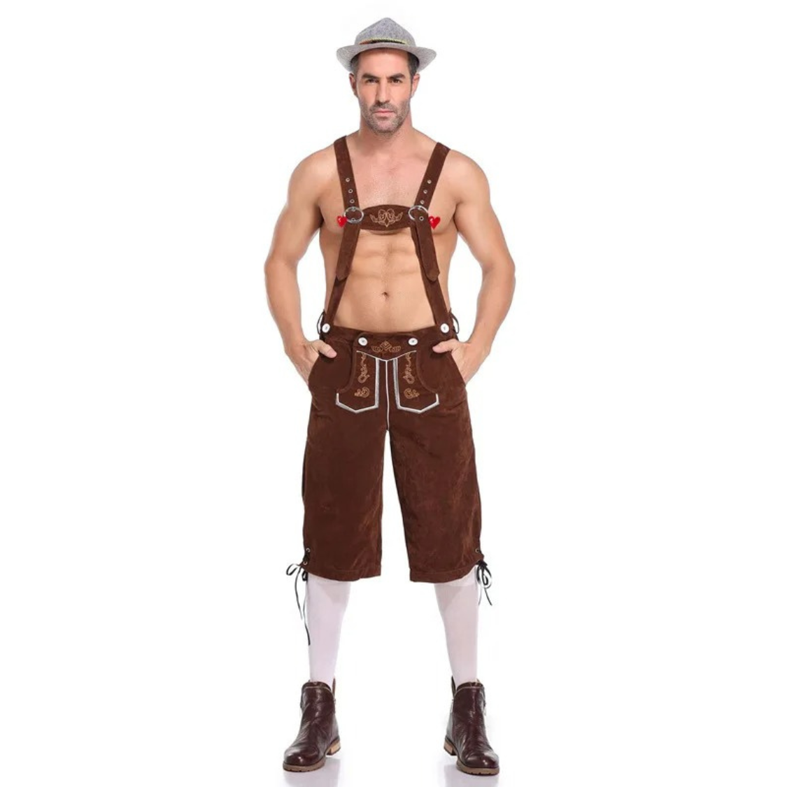 VeldenH - Traditionele Heren Lederhosen Set met Geruit Shirt en Bretels