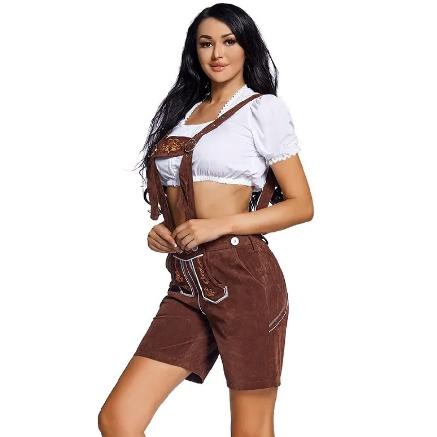 LederGe - Traditionele Dames Lederhosen Set met Shirt en Bretels - Feestkleding