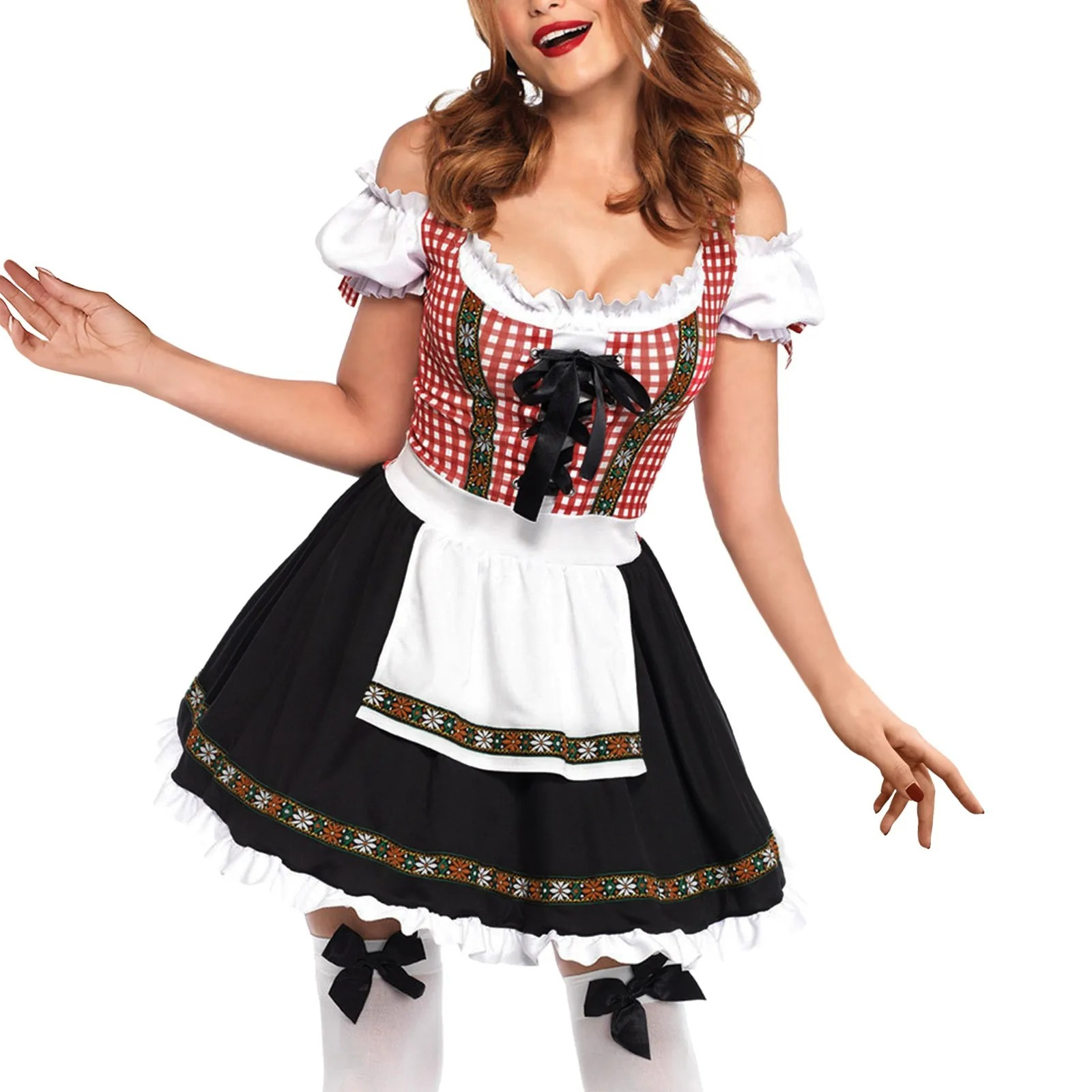 Jindera - Dirndl Dames Jurk met Geruite Top, Schort en Ruches