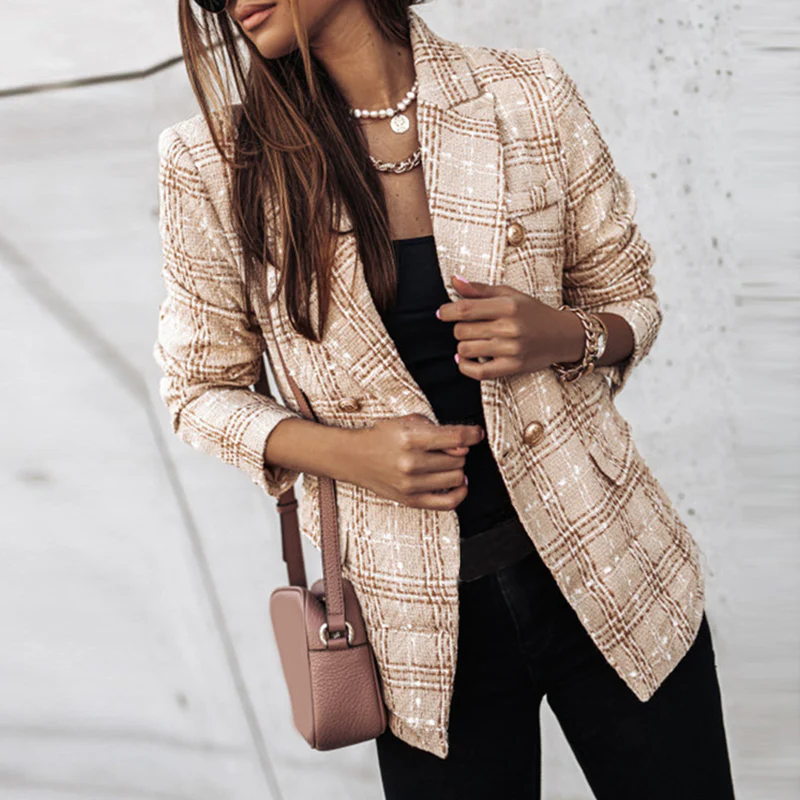 Alveria - Dames Geruite Tweed Blazer, Dubbelrijig, Gouden Knopen