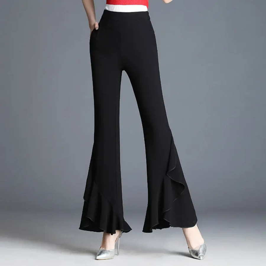 Relvion - Flared Broek Dames Hoog Gesneden Elegante Kant Afwerking Bell Bottoms