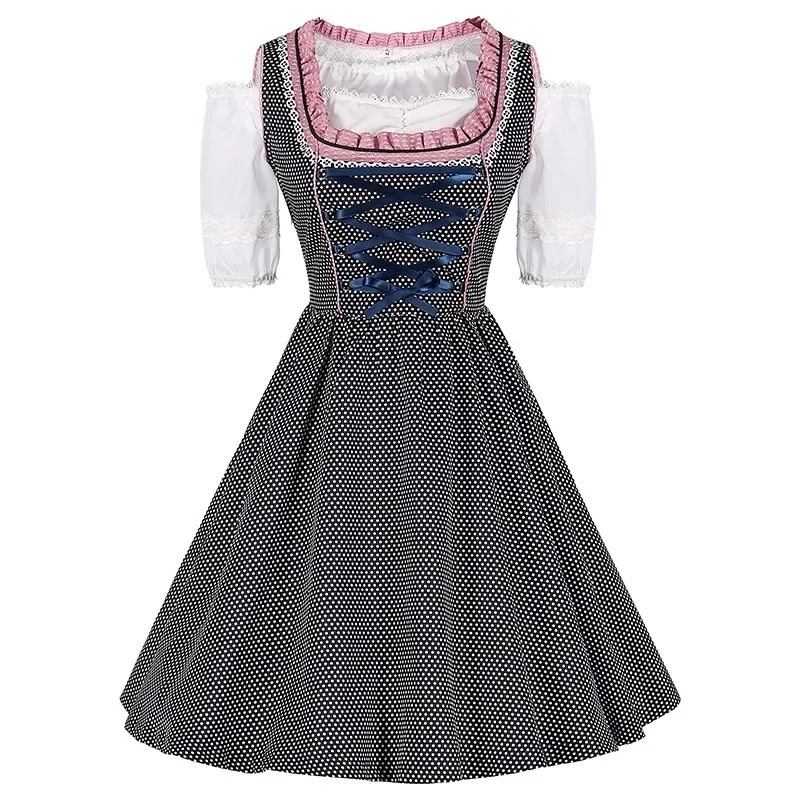 Gindral - Dirndl Dames Jurk met Ruches, Schort en Vetersluiting