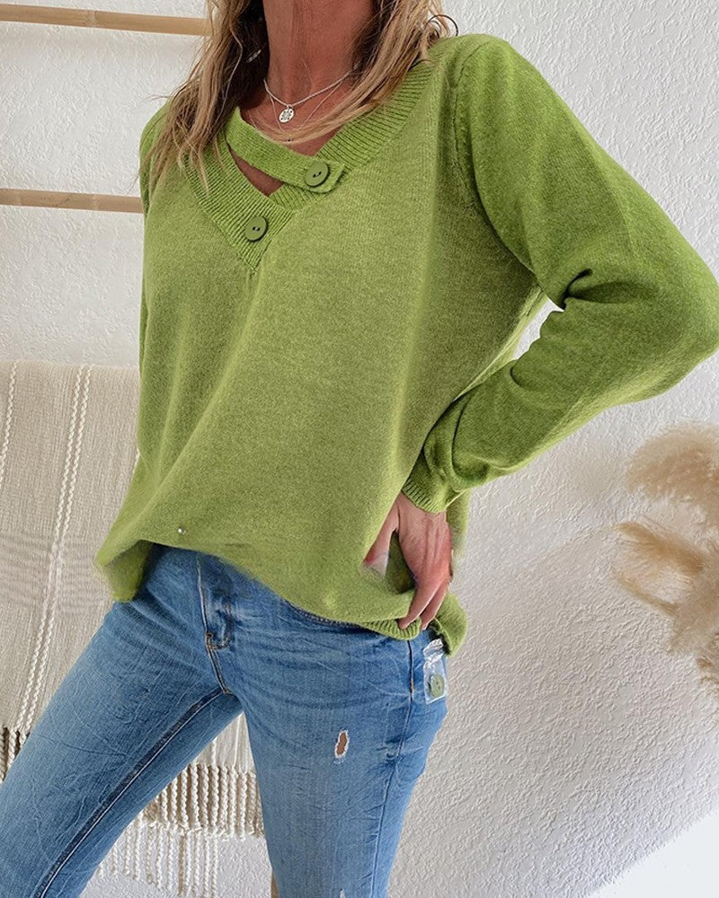 Knitrix - Dames V-Hals Trui met Knopen – Casual Lange Mouwen Pullover