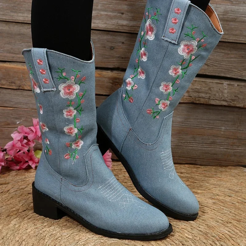 Comfort - Stijlvolle Denim Western Laarzen met Bloemendesign & Comfortabele Pasvorm - Cowboy Laarzen Dames