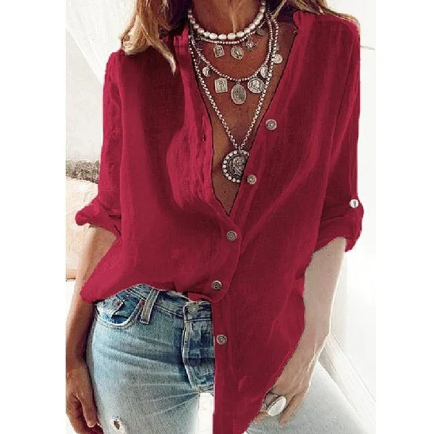 MonAmi® rode knoop v hals ademende lange zomer blouse