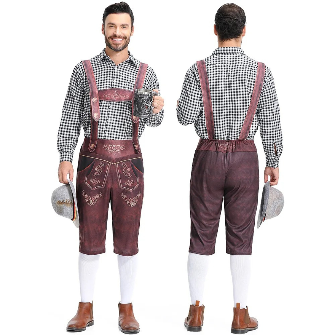 HoutMan - Authentieke Lederhosen Heren met Bretels en Borduursels - Oktoberfest