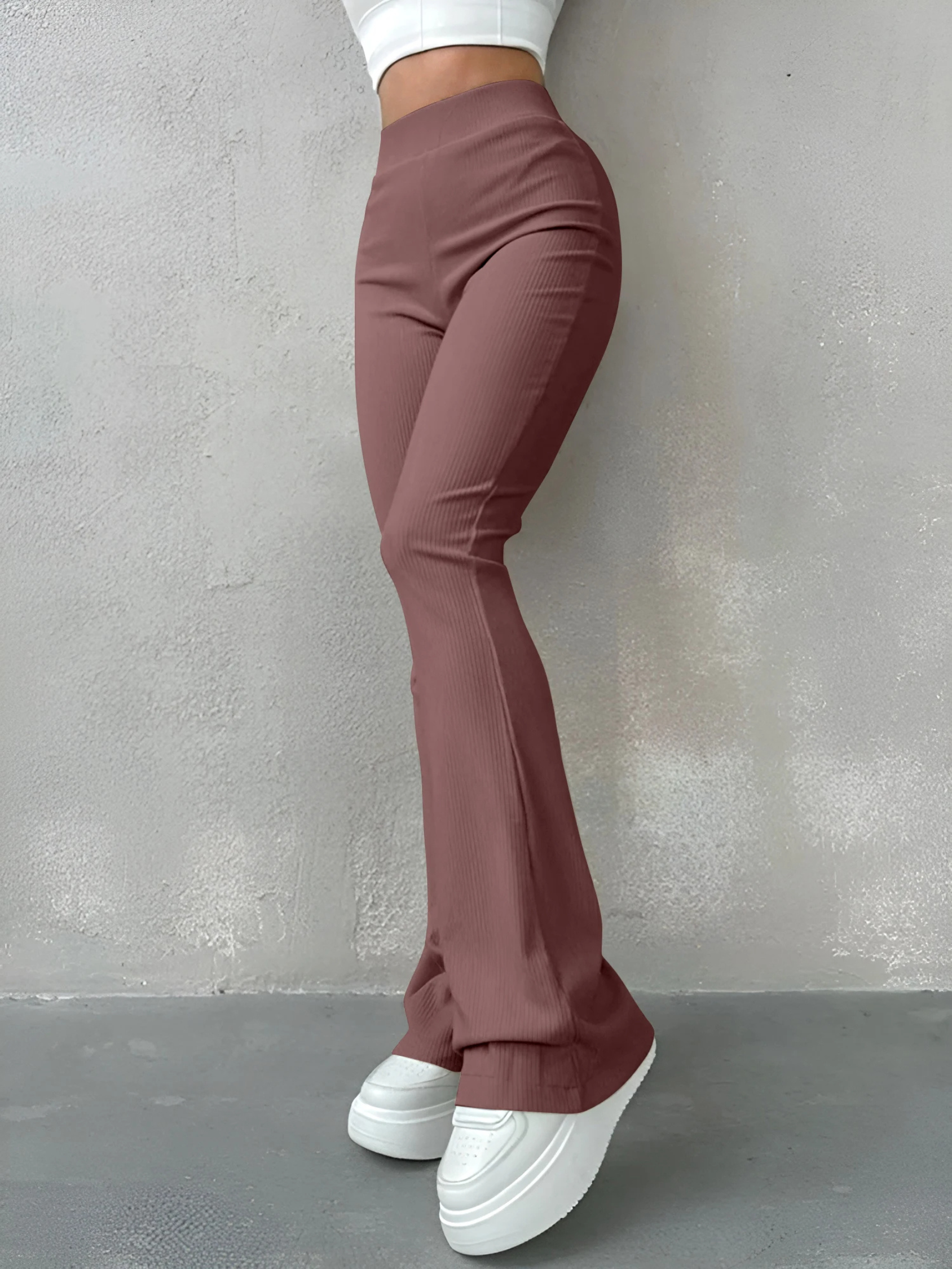 Selvara - Flared Broek Dames Hoge Taille Geribbelde Stretch Uitlopende Pijpen