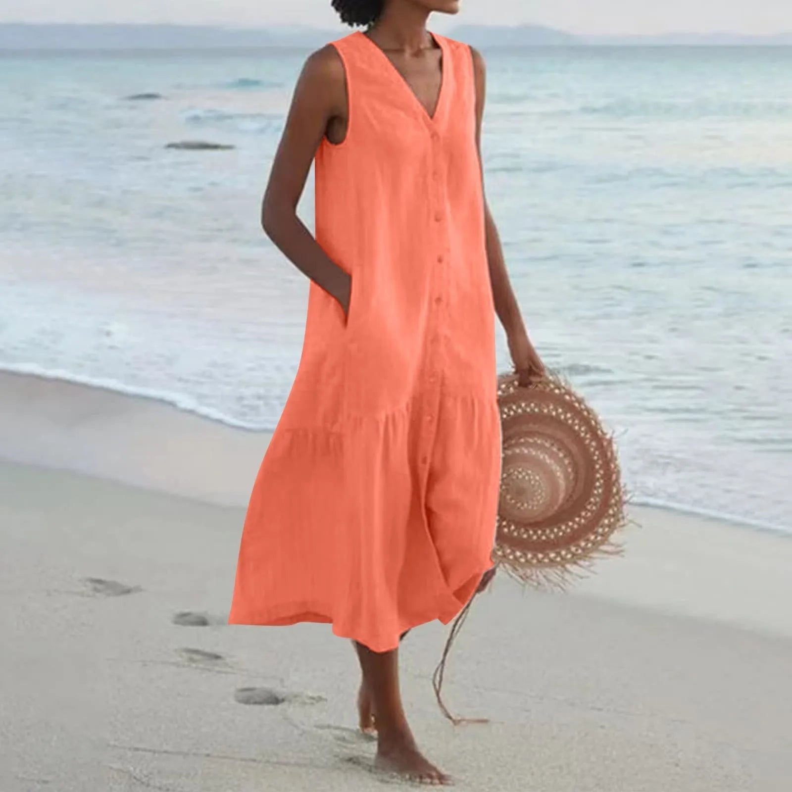 MonAmi® elegante roze eenvoudige v-hals knoop linnen jurk
