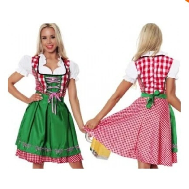 Mildran - Dirndl Dames Jurk met Geruit Detail en Striksluiting Schort