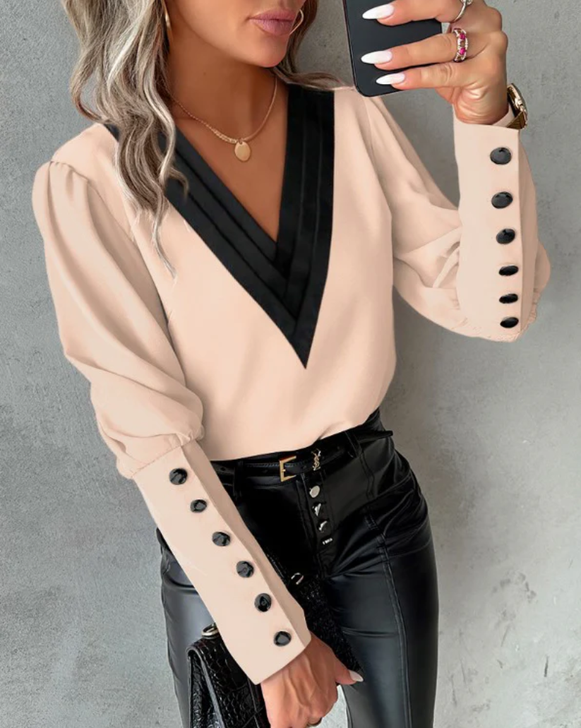 Diviane - Dames Blouse met V-Hals en Contrasterende Rand, Knoopmouwen, Elegante Stijl