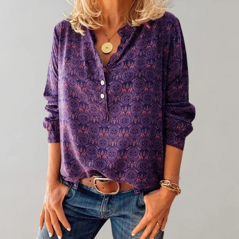 Solvane - Dames Henley Top met Print, Knopen Voor, Lange Mouwen, Comfortabele Stijl