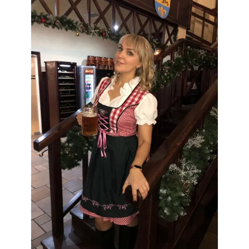 Kirdira - Dirndl Dames Geruite Jurk met Schort en Kanten Details