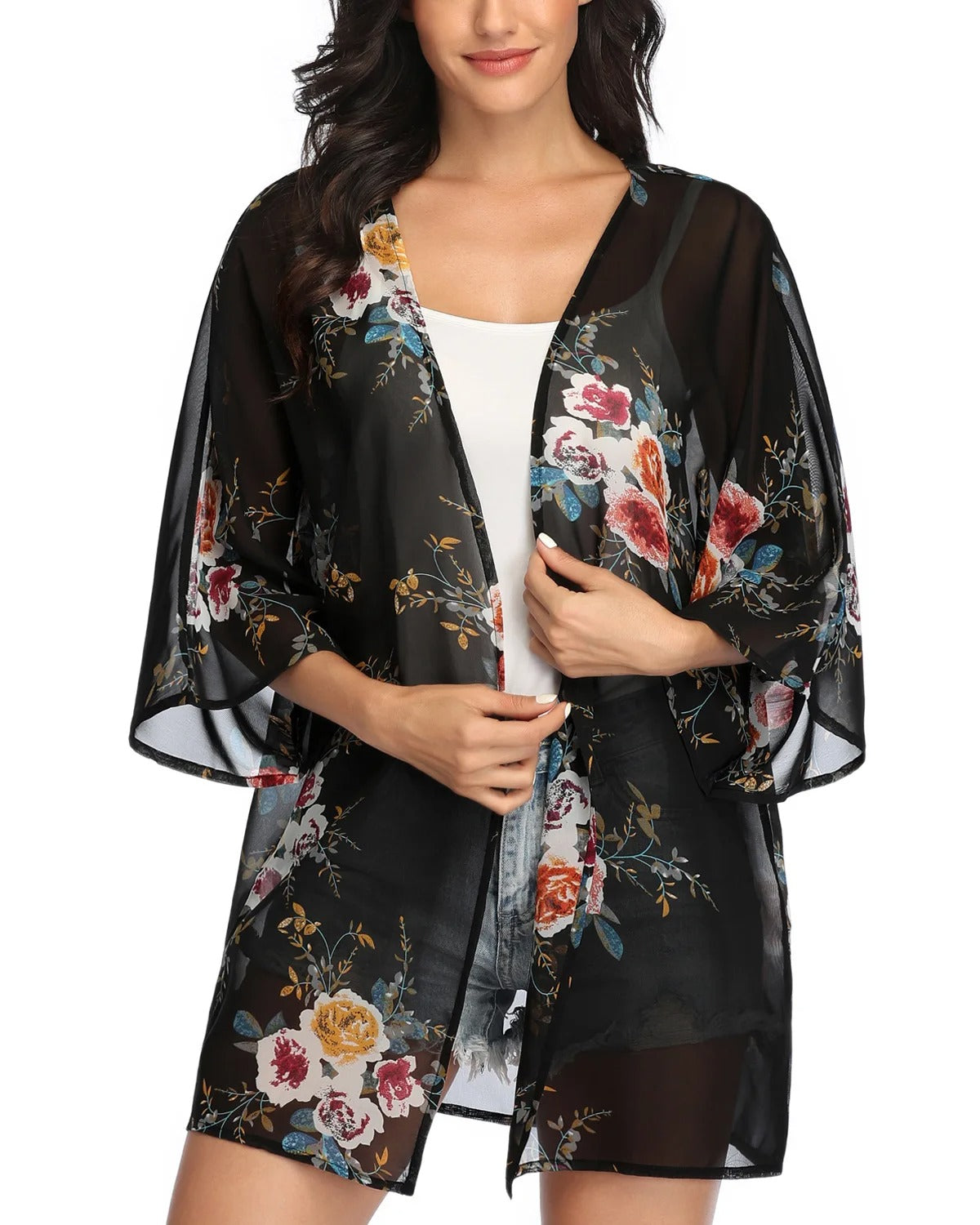 MonAmi® doorschijnende chiffon kimono met bloemenprint