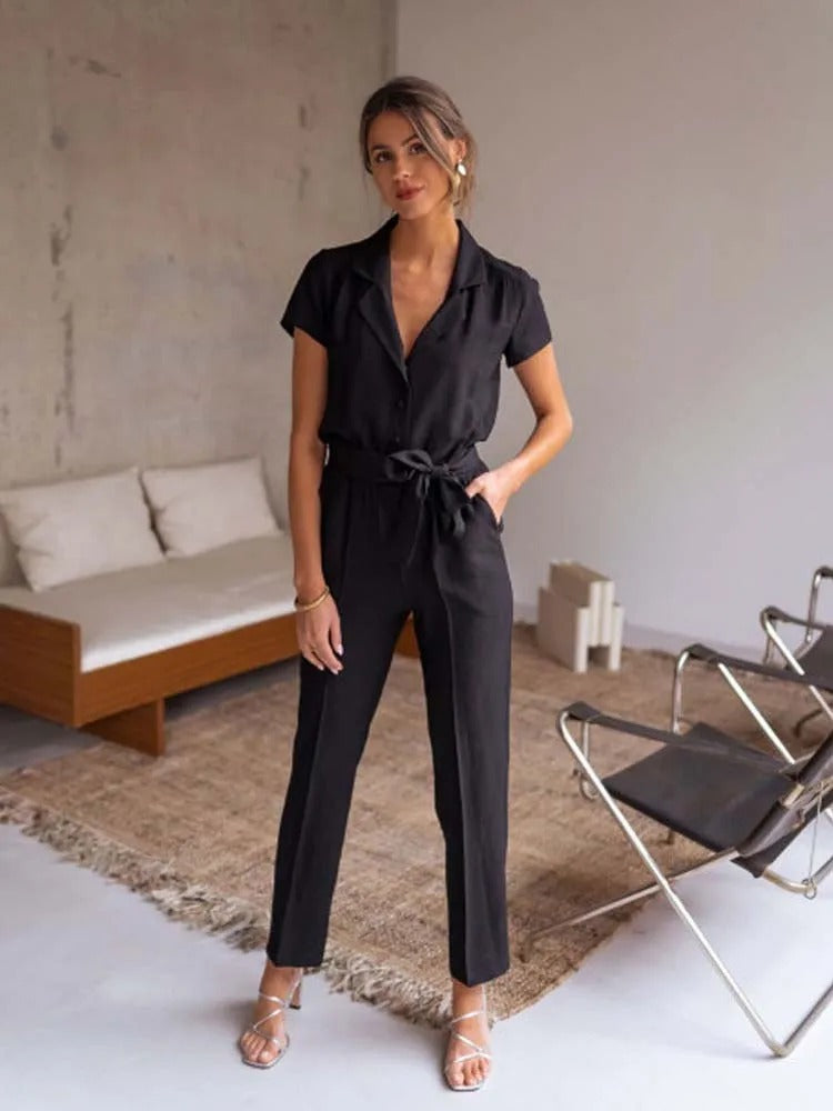 MonAmi® elegante zwarte patchwork v-hals eenvoudige broek jumpsuit