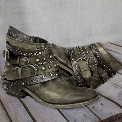 Enchara - Dames Vintage Enkellaarzen met Studs en Gesp, Lage Hak, Verouderde Look