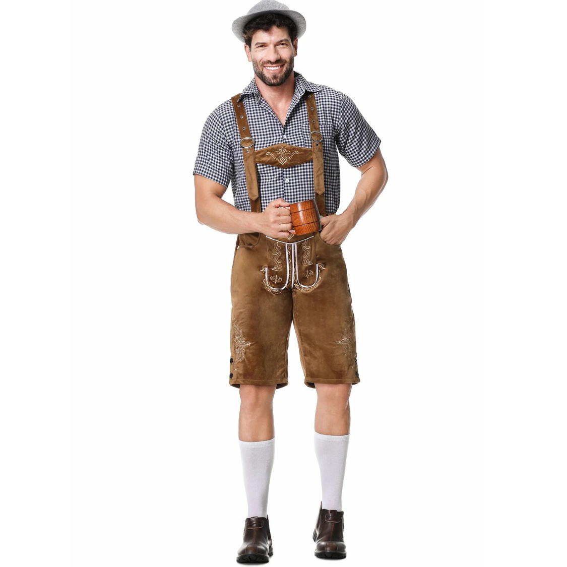 AlpenKr - Set van Heren Lederhosen met Borduursels en Bretels - Feestkleding