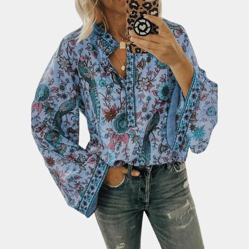 Melvona - Dames Blouse met Bloemenprint en Trompetmouwen