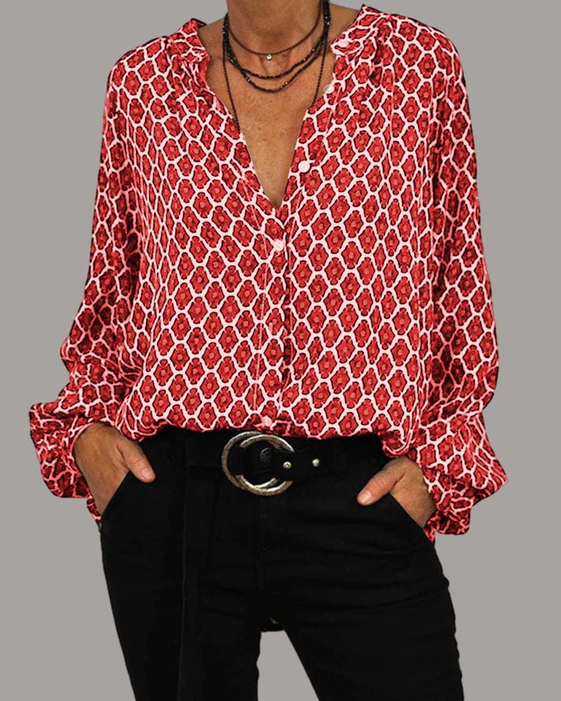 Seralyn - Dames Blouse met Patroon en Knoopsluiting, Lange Mouwen, Relaxte Stijl