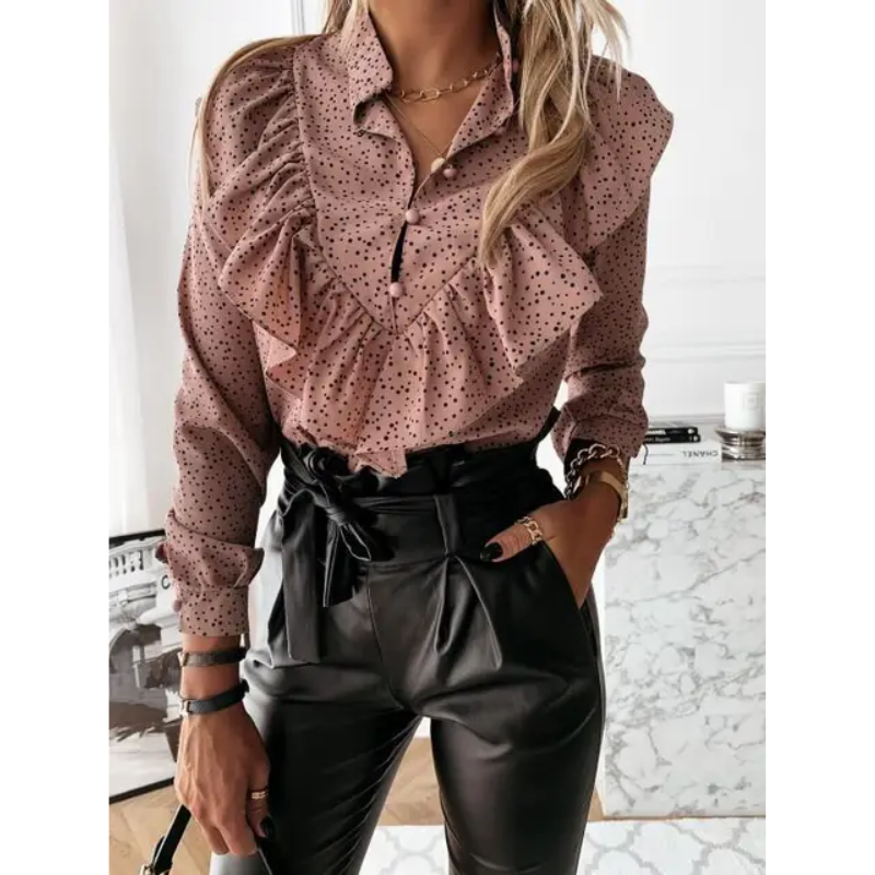 Liselda - Dames Blouse met Ruches en Knoopsluiting, Lange Mouwen, V-Hals, Elegante Stijl