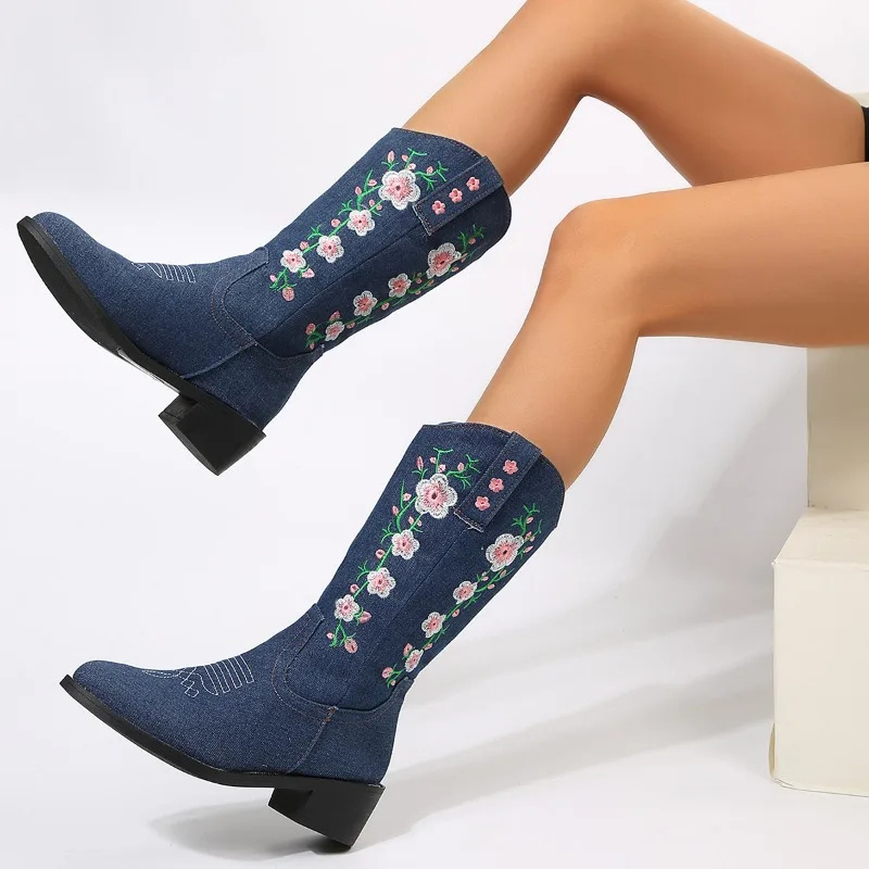 Comfort - Stijlvolle Denim Western Laarzen met Bloemendesign & Comfortabele Pasvorm - Cowboy Laarzen Dames