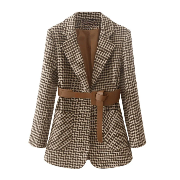 Elorina - Dames Houndstooth Blazer met Riem, Lange Mouw, Getailleerde Pasvorm