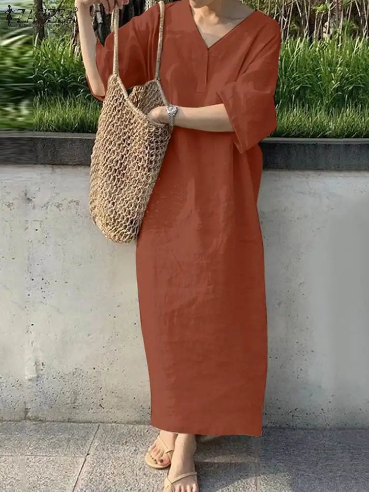 MonAmi® elegante v-hals kaki met fleece linnen jurk