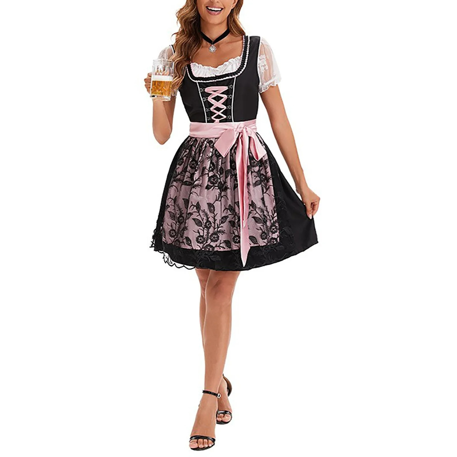 Nilendi - Dirndl Dames Jurk met Korte Mouwen en Traditionele Bloemenprint