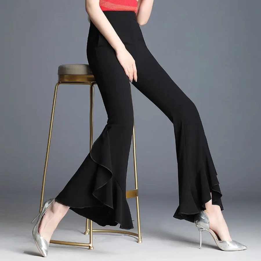 Relvion - Flared Broek Dames Hoog Gesneden Elegante Kant Afwerking Bell Bottoms