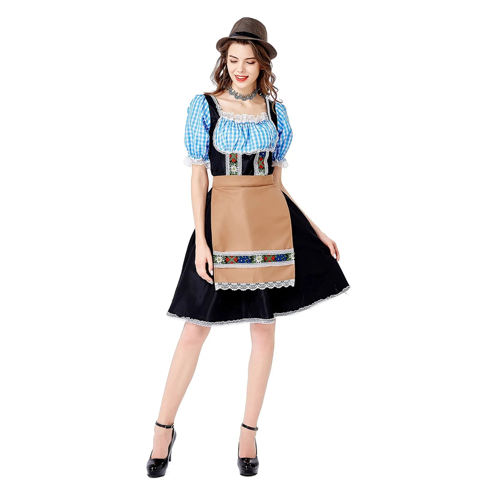 Mirland - Dirndl Dames Oktoberfest Jurk met Geruite Blouse en Schort