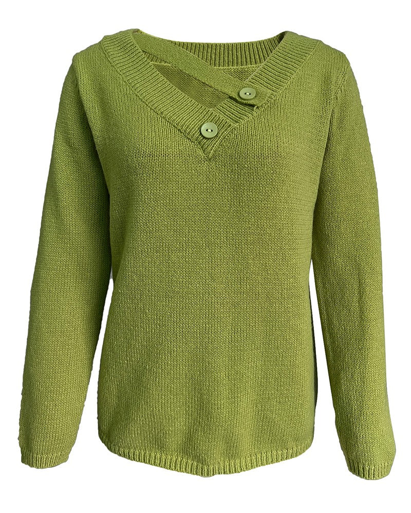 Knitrix - Dames V-Hals Trui met Knopen – Casual Lange Mouwen Pullover