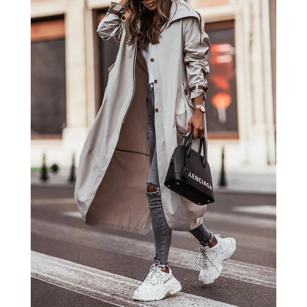 Evasiel - Trenchcoat Dames met Capuchon, Lange Oversized, Casual Damesjas