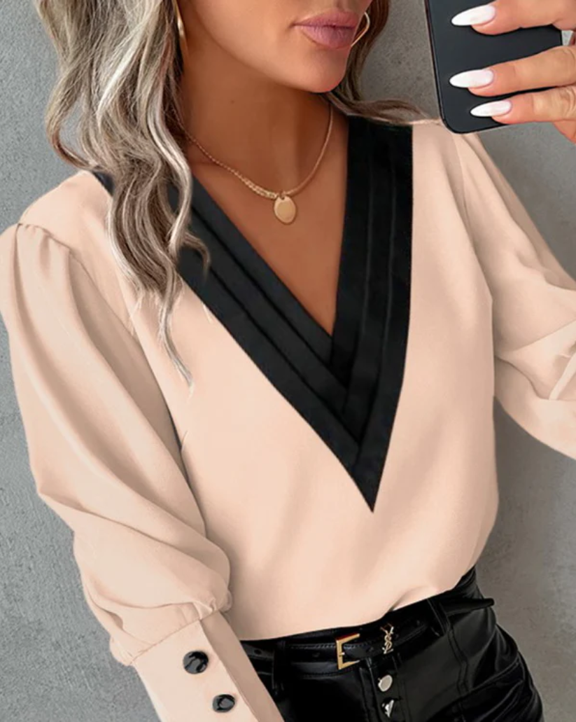 Diviane - Dames Blouse met V-Hals en Contrasterende Rand, Knoopmouwen, Elegante Stijl