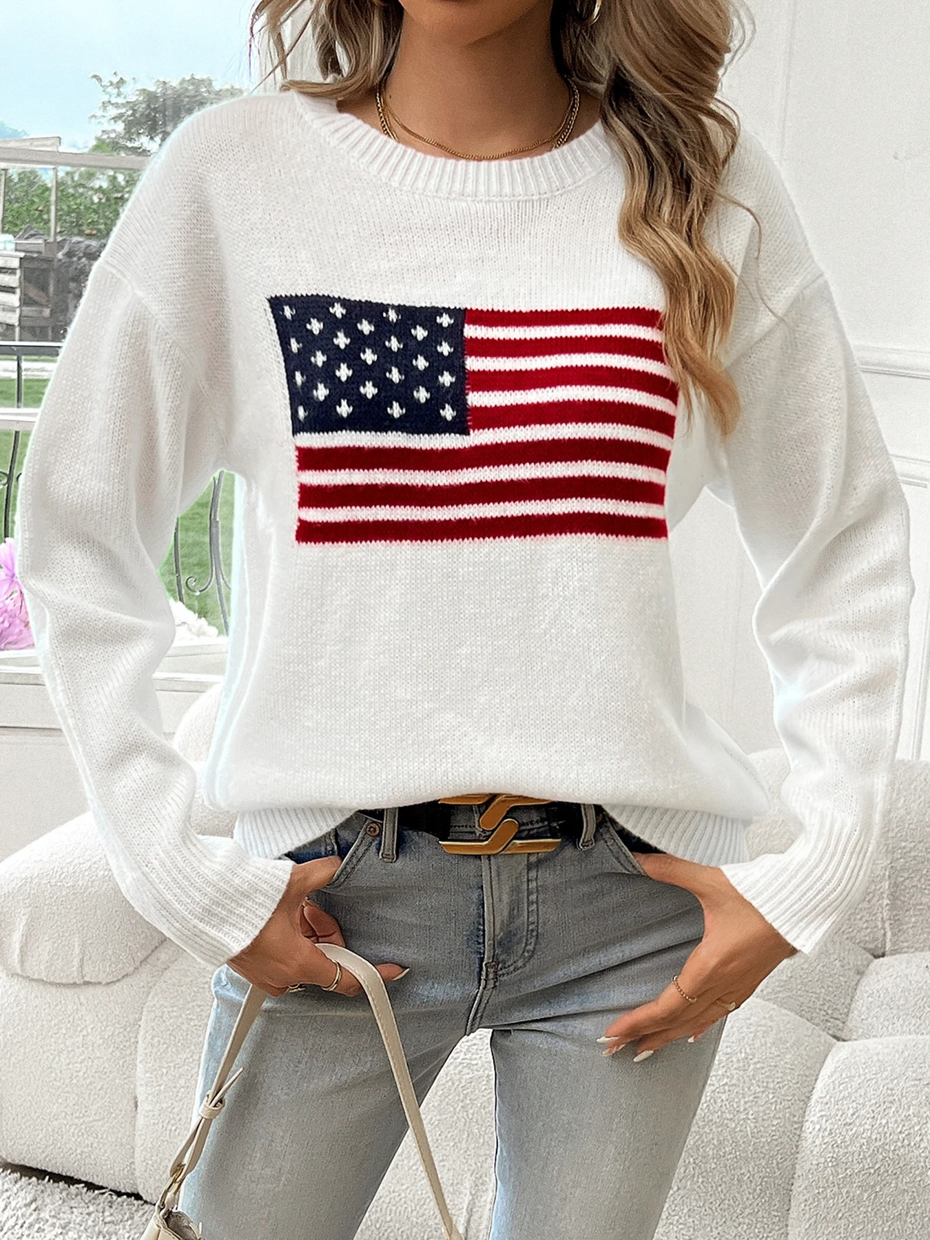 Echtely - Casual Gebreide Trui Met Amerikaanse Vlagprint – Dames Trui