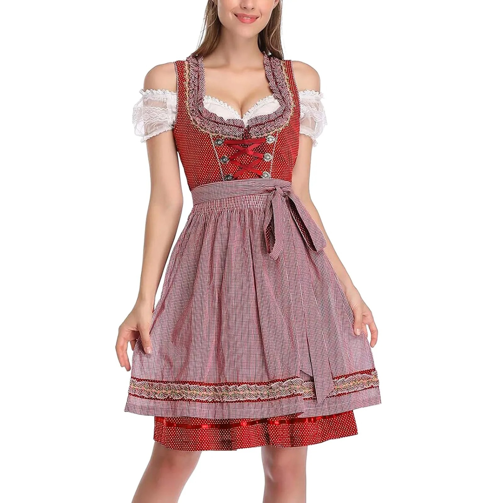 Hirndel - Dirndl Dames Jurk met Geruite Schort, Vetersluiting en Kant