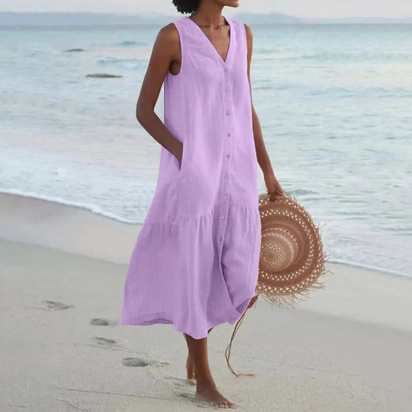 MonAmi® elegante roze eenvoudige v-hals knoop linnen jurk