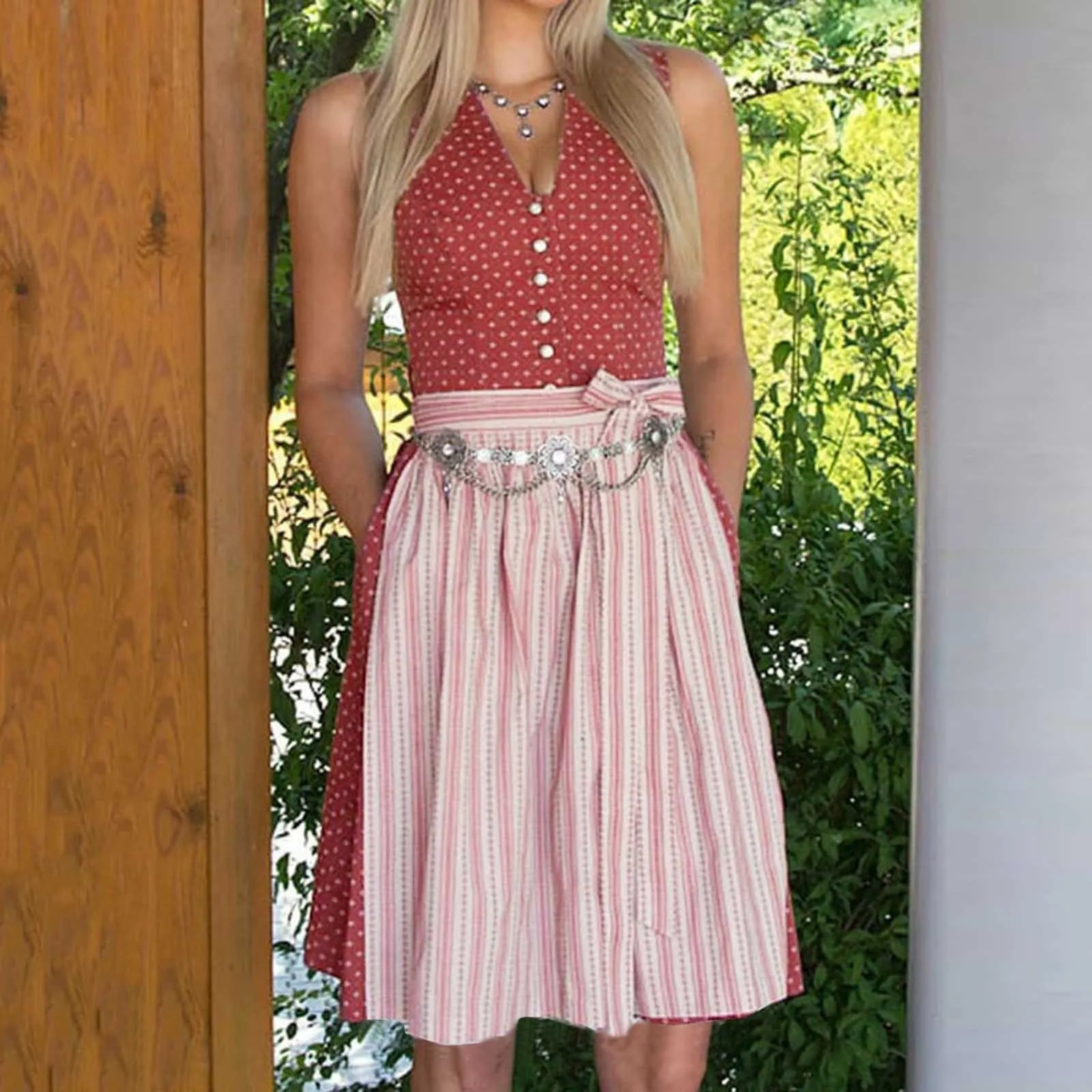 Windral - Dirndl Dames Jurk met Stippenprint, Knoopsluiting en Schort