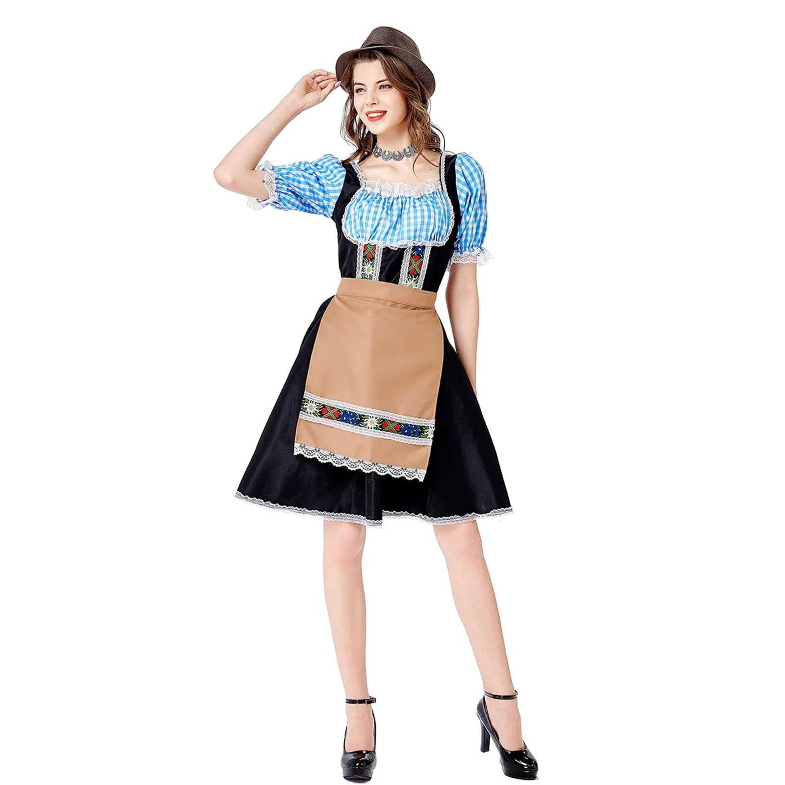 Mirland - Dirndl Dames Oktoberfest Jurk met Geruite Blouse en Schort