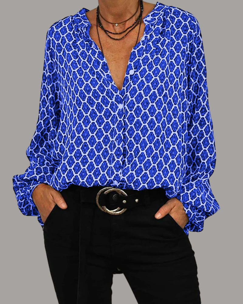 Seralyn - Dames Blouse met Patroon en Knoopsluiting, Lange Mouwen, Relaxte Stijl