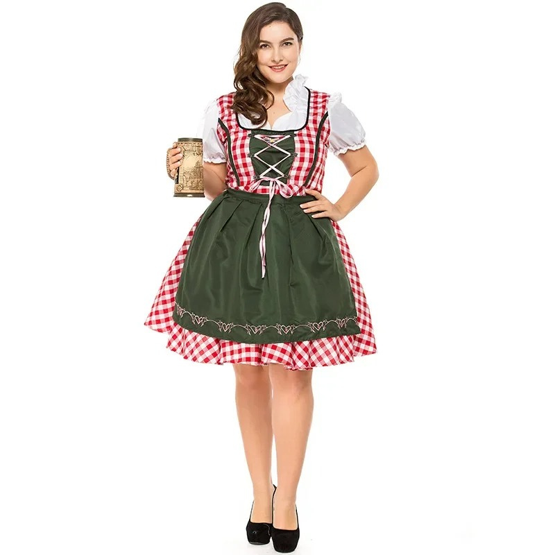 Kirdira - Dirndl Dames Geruite Jurk met Schort en Kanten Details