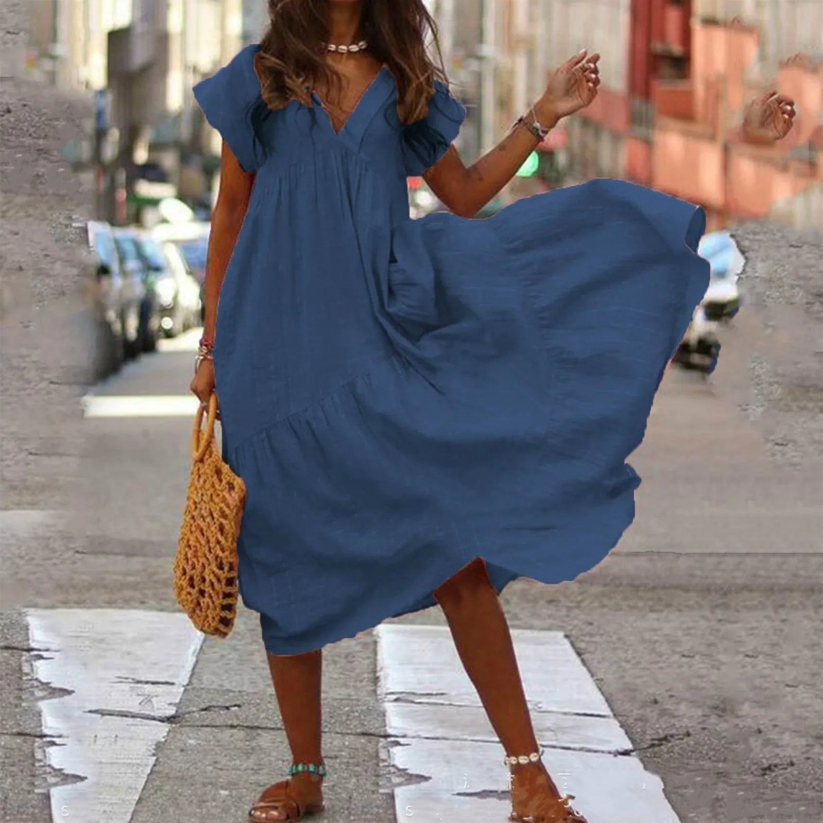 MonAmi® blauwe v-hals katoenen ademende linnen jurk